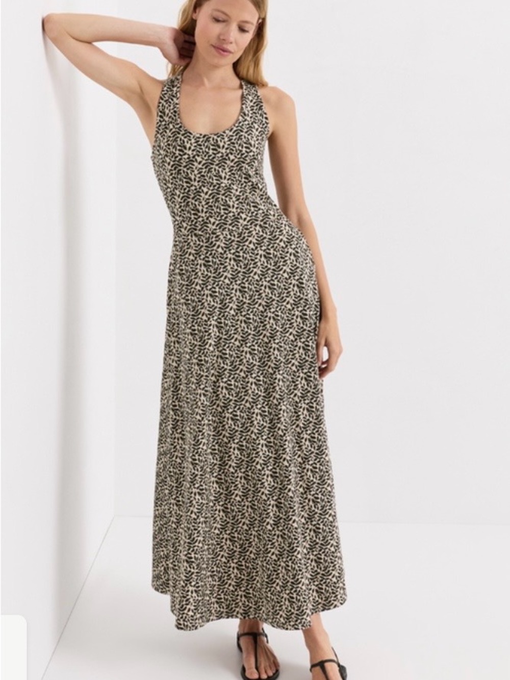 Cross-Back Leaf Print Maxi Dress in Black and Cream. Organic cotton.